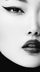 Close-up black and white portrait showcasing elegant makeup on a woman's face with dramatic eyeliner and lipstick.