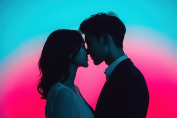 A romantic silhouette of a couple leaning in for a kiss against a vibrant, colorful background, evoking intimacy and connection.