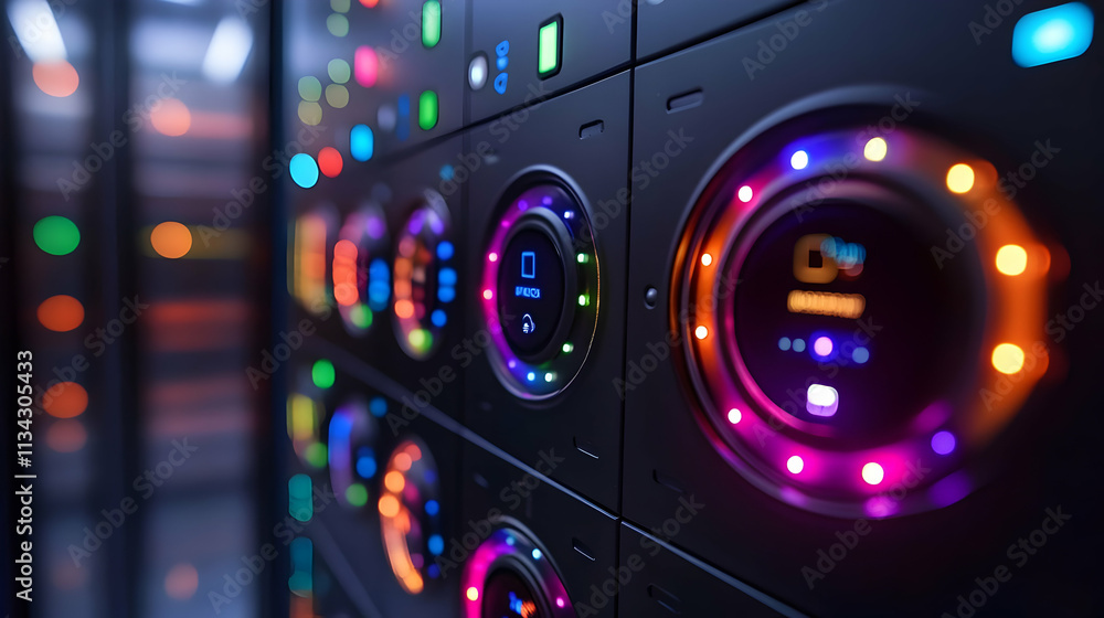 Poster a close-up of a high-tech server rack with colorful led indicators.