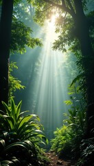 Sunlight beams through rainforest canopy creating magical ambiance. Green foliage, trees create dense eco environment. Nature scene perfect for eco tourism, nature documentaries travel publications.
