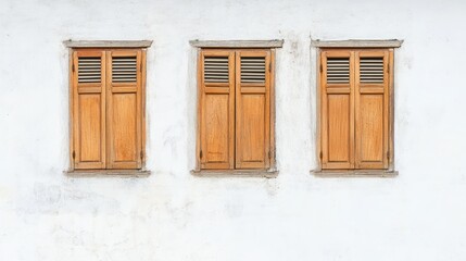Fototapeta premium Vintage design wooden windows are shut on a white cement wall