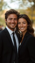 A happy couple in suits smiles effortlessly, embodying elegance and joy in an outdoor setting with blurred foliage.