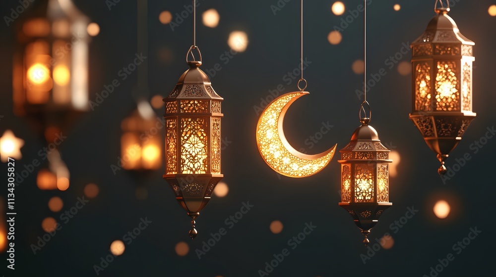 Poster glowing ramadan lanterns and crescent moon hanging against a dark background with bokeh lights.