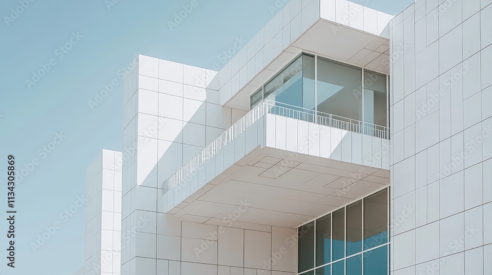 Poster a minimalist architectural structure, a stark white building with large open windows and clean, stra