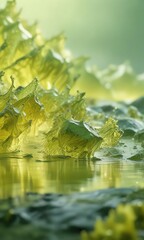 Glassy surface covered in a greenish-yellow mist, humid environment, condensate