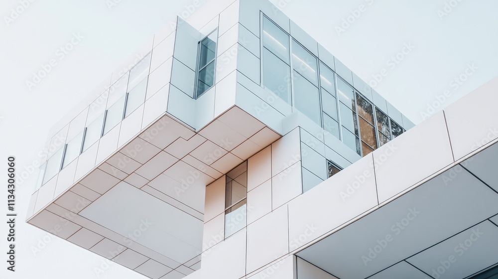 Poster a minimalist architectural structure, a stark white building with large open windows and clean, stra