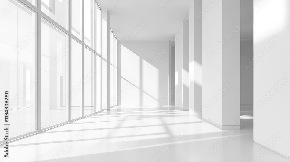 Poster a minimalist architectural structure, a stark white building with large open windows and clean, stra