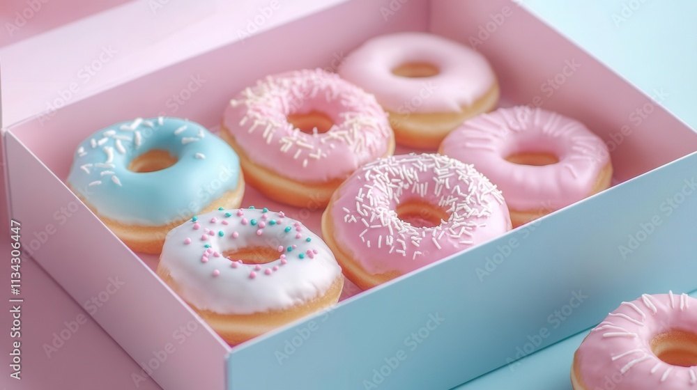 Poster an open box of assorted donuts with vibrant frosting and decorative toppings, captured in a bright