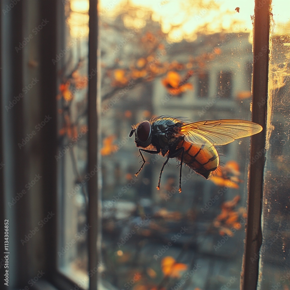 Poster a close-up of a fly resting on a window with a warm sunset backdrop.