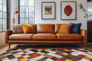 Cozy living room with a leather sofa and colorful decor