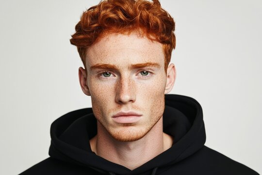 Close-up portrait of a young redheaded man with freckles, wearing a black hoodie, against a neutral background.