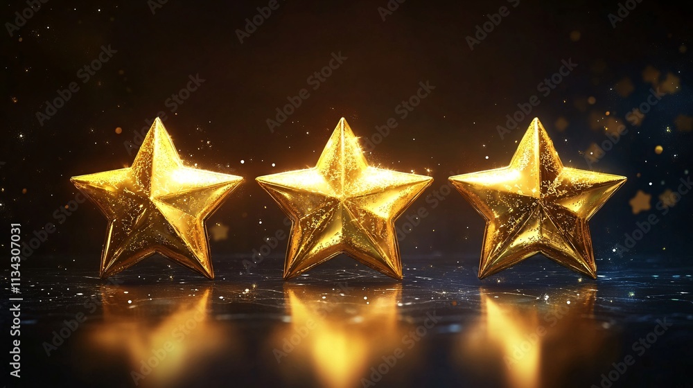 Poster three gleaming gold stars on a reflective surface, creating a dazzling display of light and color.