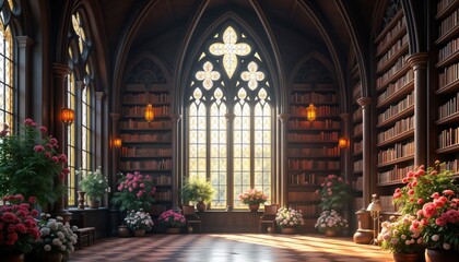 Obraz premium Gothic library filled with antique bookshelves, stained glass window. Sunlight streams through large arched window. Beautiful flowers in pots add vibrant color to room. Peaceful atmosphere created by