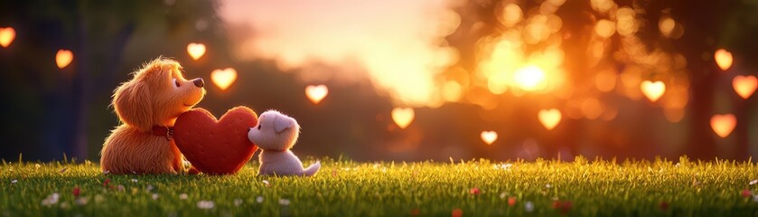 Fototapeta premium Two adorable plush toys share a heart under a sunset, surrounded by glowing hearts, evoking a warm, romantic atmosphere.
