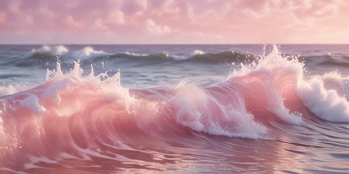 Soothing ocean waves on a soft pink background with gentle foam and bubbles , serene atmosphere, ocean texture, wave movement