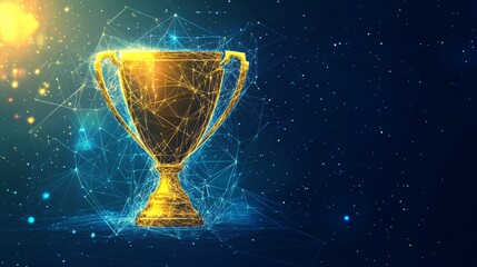 A glowing golden trophy made of interconnected lines and dots, symbolizing achievement and success in a digital age.