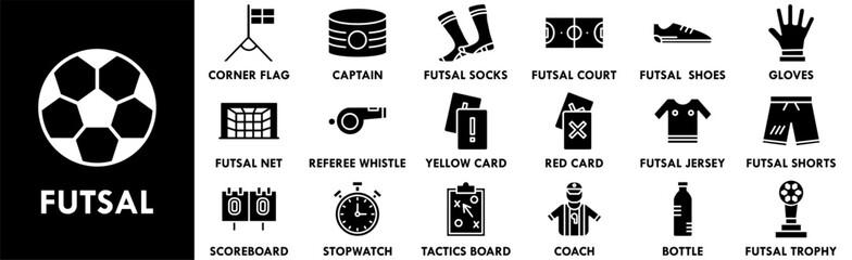 Futsal icon collection set. Containing design football, game, futsal, play, soccer, sport, goal