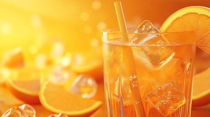A refreshing glass of orange juice with ice, garnished with a slice of orange, shining in warm hues of orange.