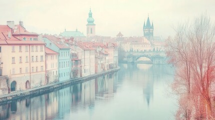 Fototapeta premium Vintage panorama of the old town landscape with houses and river delicate pastel colors