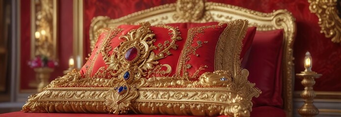 Obraz premium Intricately designed golden regalia adorned with crimson sapphires is placed atop a sumptuous gold pillow against a rich crimson wall, majestic, crimson wall, regal