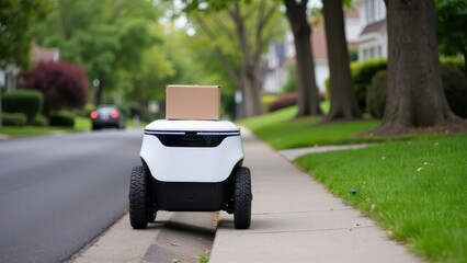 Delivery robot on a residential street, driving to deliver a package, suburban setting, trees and houses in the background