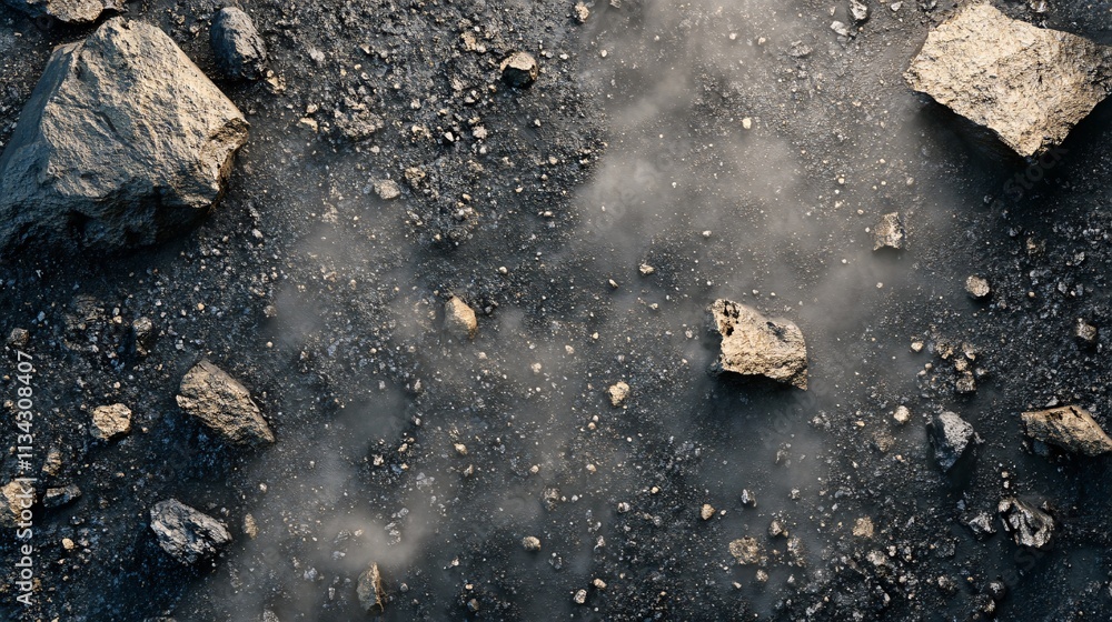 Poster a close-up view of rugged stones on a dark surface, with dust and mist creating an atmospheric effec