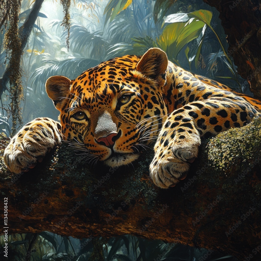 Poster a leopard resting on a tree branch in a lush, vibrant jungle setting.