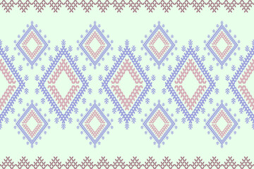 Ikat cross stitch geometric embroidery seamless knitted pattern on damask background. Perfect decorative design for sweater, fabric, decoration, illustration, ornament, texture, textile, interior