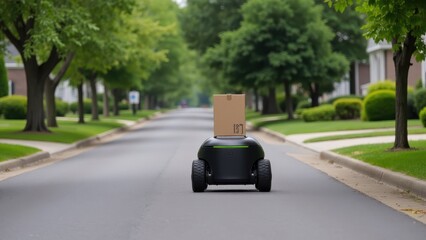 Delivery robot on a residential street, driving to deliver a package, suburban setting, trees and houses in the background