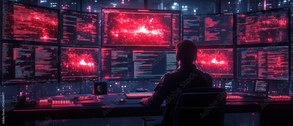 Poster person working at a high-tech computer setup with red visuals