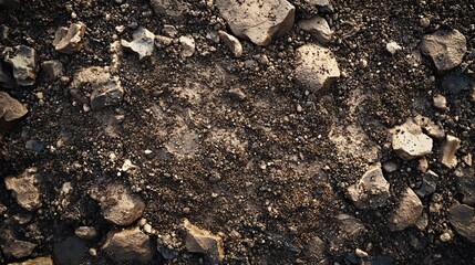 Fototapeta premium Close-up view of rocky soil with a mixture of dirt and stones, showcasing earthy tones and natural textures.