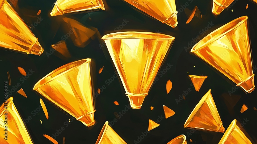 Poster bright golden cones scattered against a dark background, creating a vibrant and dynamic visual compo