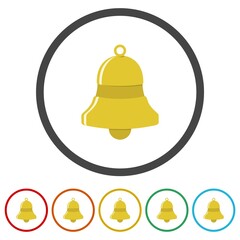 Gold bell notification icon. Set icons in color circle buttons