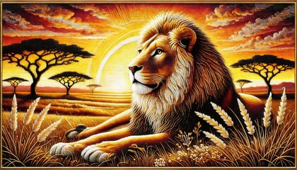 Majestic lion resting in golden sunset savanna