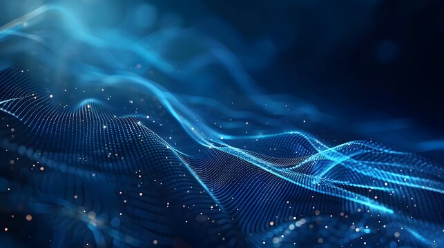 Abstract blue digital wave background with glowing particles.