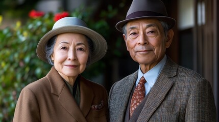 Elegant elderly Asian couple portrait, wearing hats and stylish coats. Perfect for articles on aging, love, or retirement.