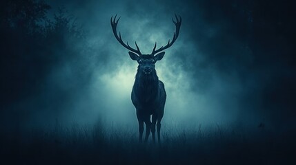Naklejka premium A majestic stag stands in a misty forest, creating an eerie yet captivating atmosphere.