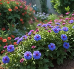 Obraz premium Ageratum blue in a garden with Portulaca and empty space, colors, portulaca, garden