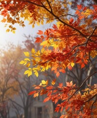 a tree branch with vibrant autumn leaves of orange, red and yellow, swaying gently in the breeze, branches, outdoor