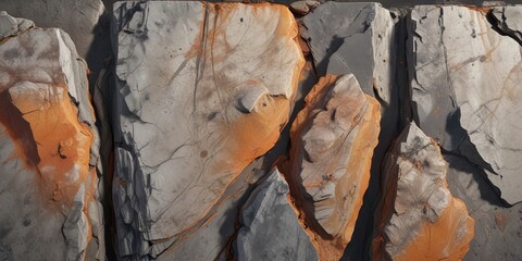 Fototapeta premium Eroded stone slab with mixed gray and orange tones, metamorphic rocks, mineral composition, sedimentary rocks