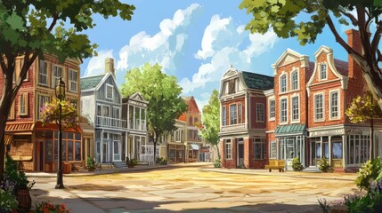 Naklejka premium Vintage Town Streetscape with Historic Buildings and Quiet Charm.