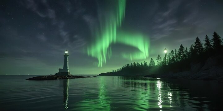 An ethereal arc of green light stretches above the lake's surface near a historic lighthouse , lighthouse, green glow, serene