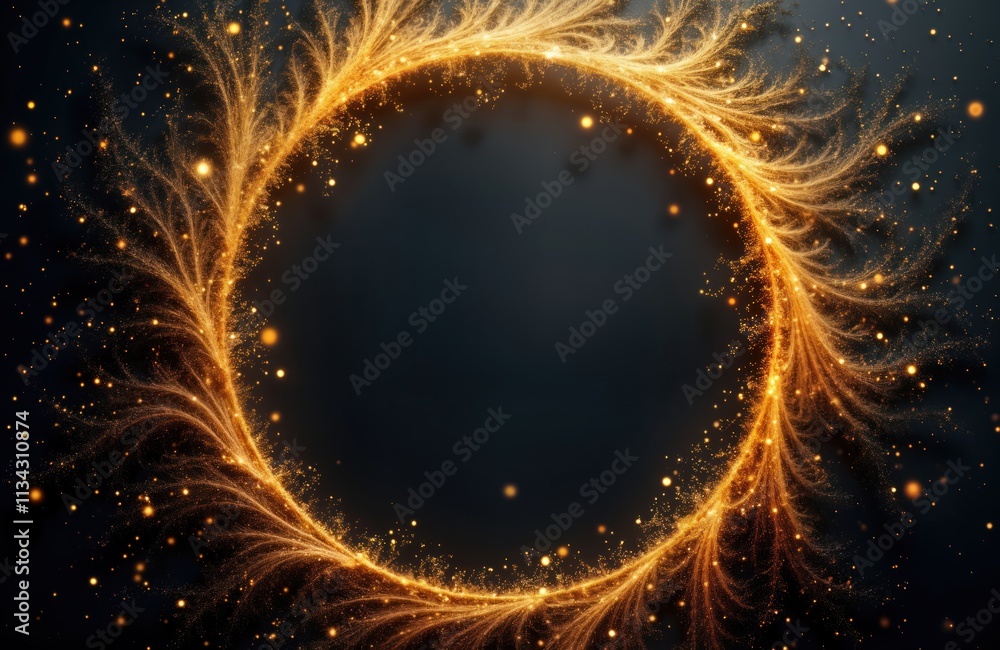 Poster Circular design with gold glitter on dark background. Abstract pattern suitable for various projects. Modern design evokes elegance, luxury. Versatile image ideal for digital media. Dynamic backdrop