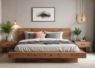 Neutral color palette bedroom with wooden platform bed, white, colorpalette, bed