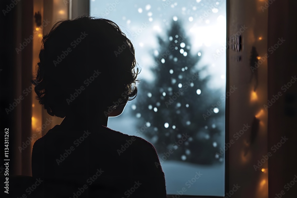 Poster a child gazes out a snowy window, creating a serene and contemplative atmosphere.