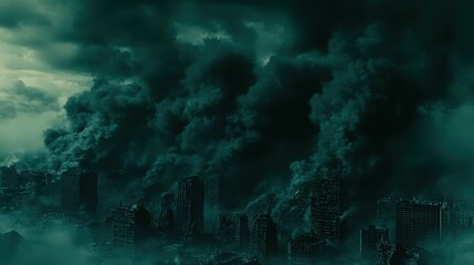 Dark Smoke Engulfs Ruined Cityscape After Catastrophe
