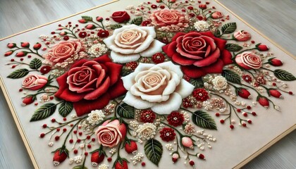 Naklejka premium Embroidery roses bouquet with pearls and beads displaying artistic elegance