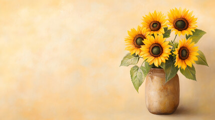 Obraz premium cheerful composition featuring sunflowers in rustic vase, brightening any space with their vibrant yellow petals and green leaves