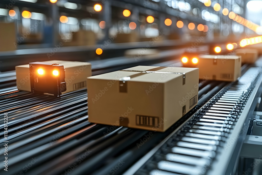 Aufkleber automated conveyor system transporting packages in a warehouse setting.