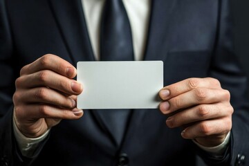 Fototapeta premium Businessman holding blank white card. Perfect for showcasing your design, text, or logo.